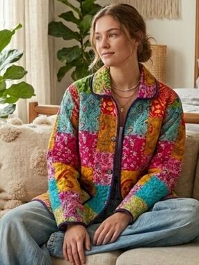 Vintage Colorful Quilted Patchwork Jacket Button Front Rainbow Indie Boho Pocket